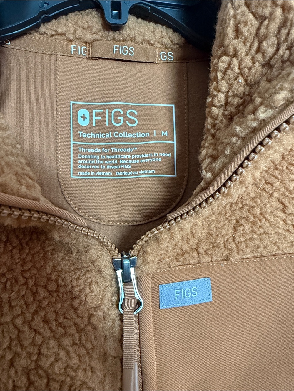 FIGS High Pile Sherpa Fleece Bomber Jacket Full Zip Mocha Brown Tan Medium - Picture 3 of 10